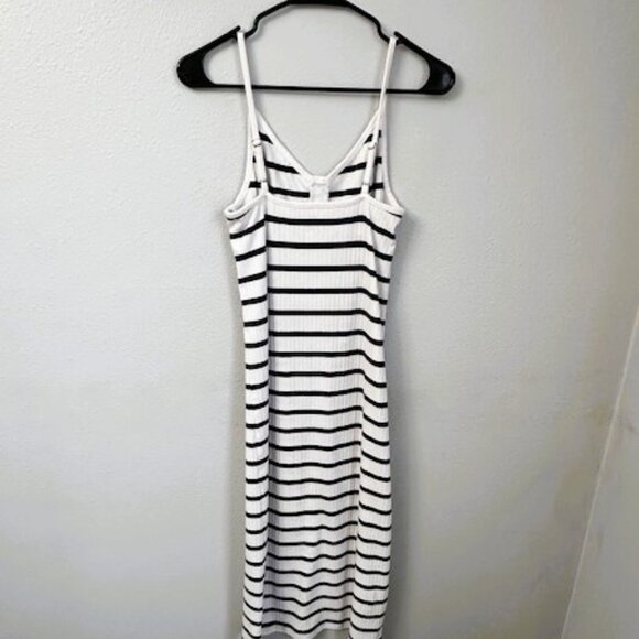 Aerie Ribbed Navy & White Striped Button Front Midi Dress Camisole Straps Size L - Picture 5 of 13